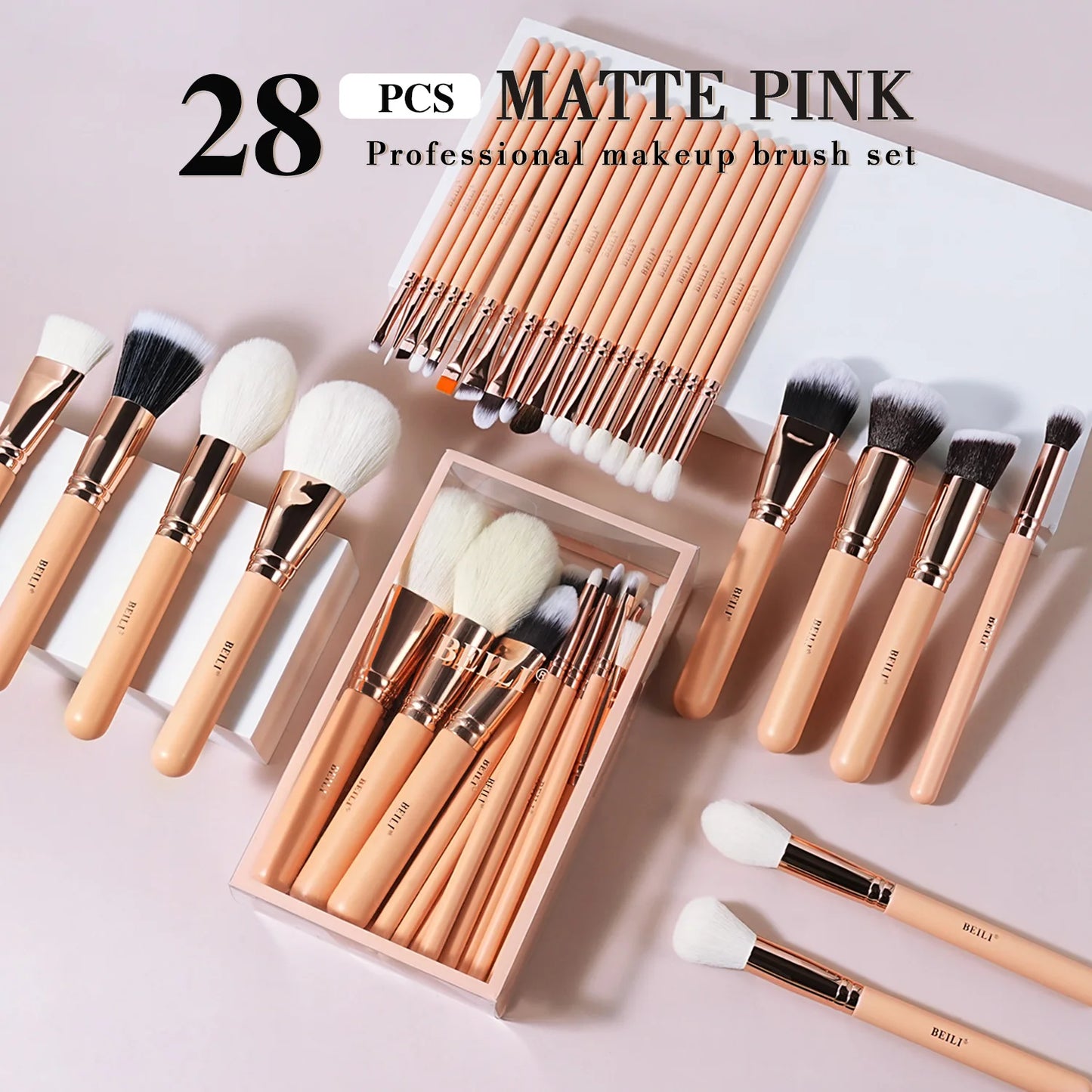 BEILI Pink Makeup Brushes High Quality Powder Foundation Blush Eyeshadow Make Up Brush Set