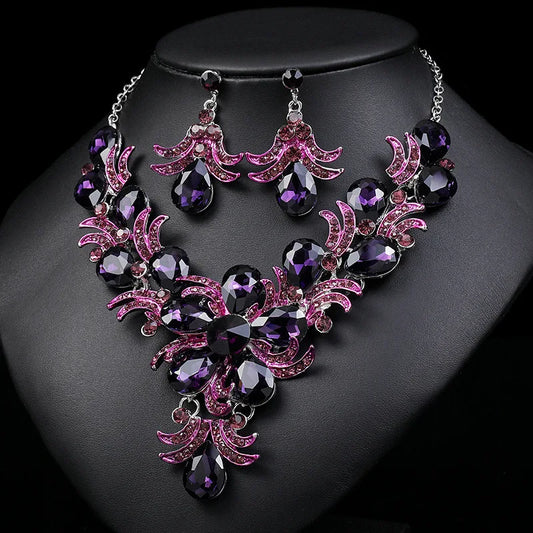 Purple Jewelry Set Wholesale Wedding Accessories Luxury Crystal Rhinestone Flower Statement Earrings and Necklace for Women - Hiron Store