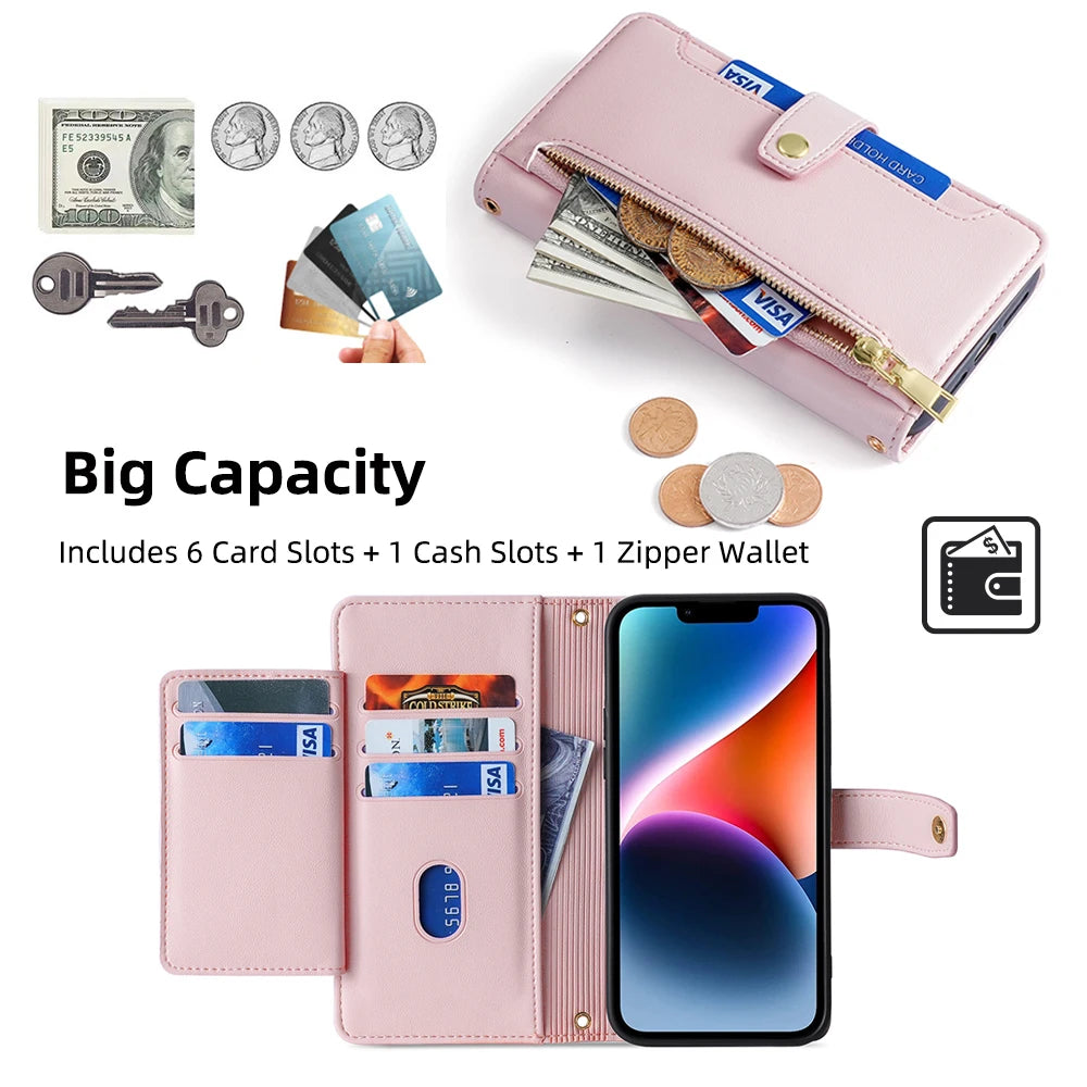 Ladies Card Slots Wallet Crossbody Phone Case for iPhone 15 14 13 12 11 Pro Max Cover with strap