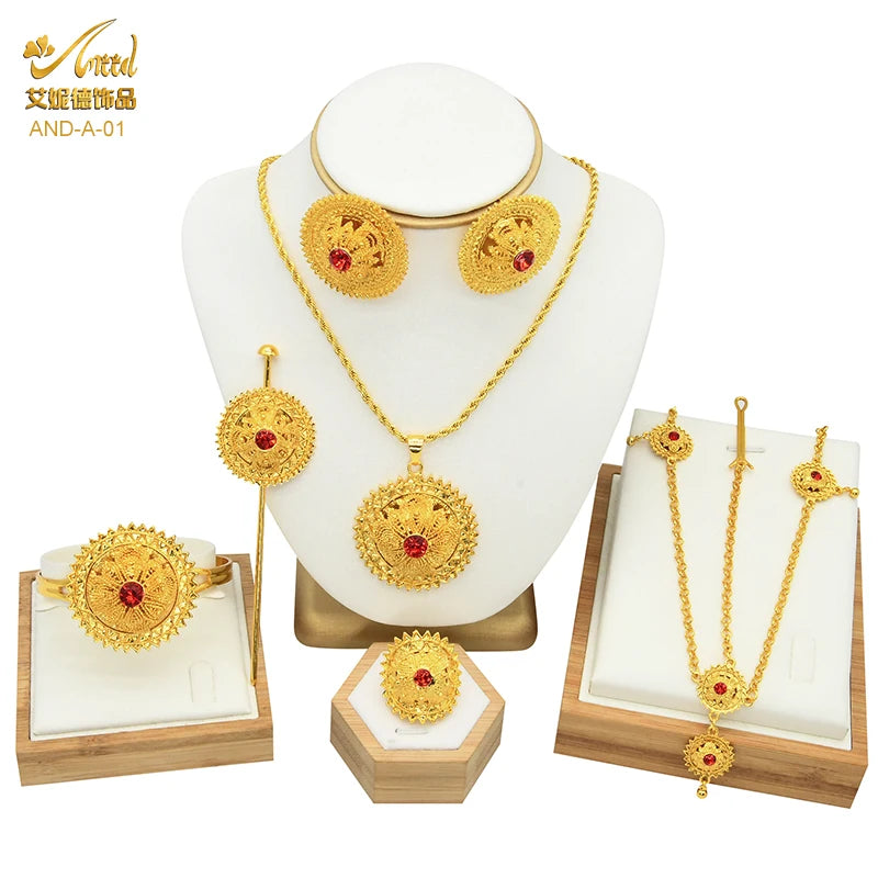 ANIID Ethiopian Gold Plated 6PCS Jewelry Set For Women Indian Red Crystal Luxury Jewellery Sets