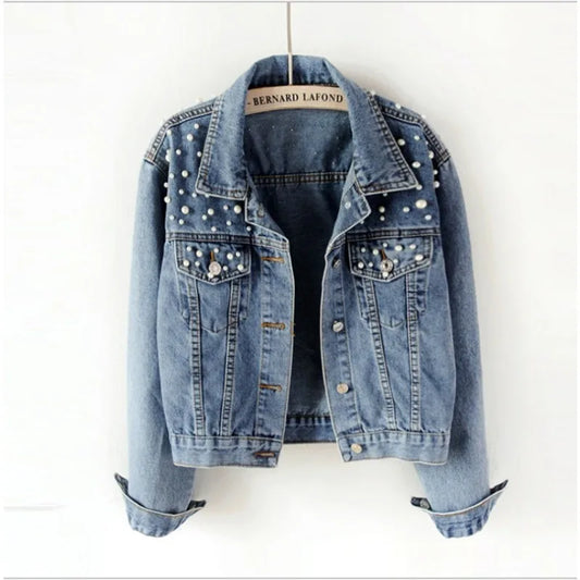 Women's Short Denim Jacket Beaded Pearl Jacket Loose Spring and Autumn New Denim Jacket