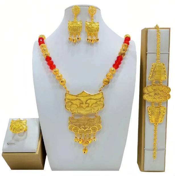 Dubai Jewelry Set For Women Necklace Earrings Indian Thailand Two Piece Set Gold Color