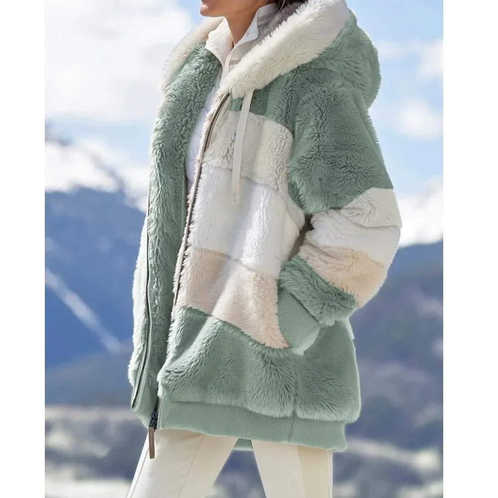 Winter Fashion Women's Coat 2024 Hooded Zipper Women Jacket Stitching Plaid Coats