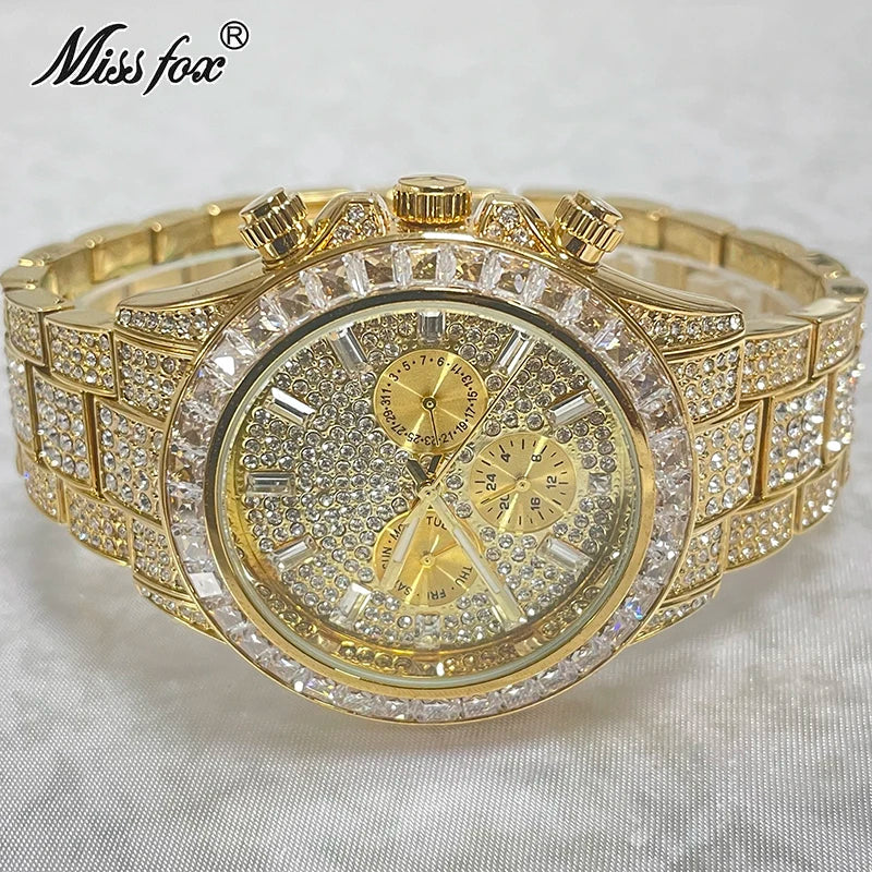 2024 Luxury Brand MISSFOX Gold Hip Hop Watches Men Fashion Rainbow Diamond Waterproof Smart Watch Full Steel Sports Clocks Male - Hiron Store