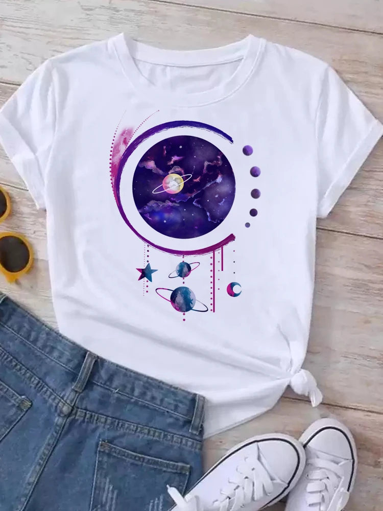 Women Moon Planet Print Round Neck Short Sleeve Streetwear Female T-Shirt  Tops