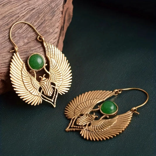 Vintage Egyptian Inspired Designs Sacred Wings Scarab Large Hoops Earrings Gypsy Tribal Women Gold Color Earrings Party Gift - Hiron Store