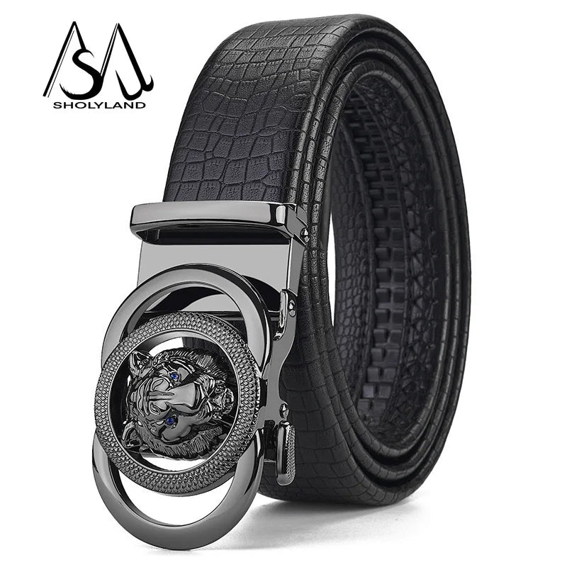 Men's Business Lion Head Automatic Buckle Leather Belt Top Layer Cowhide Alloy Buckle