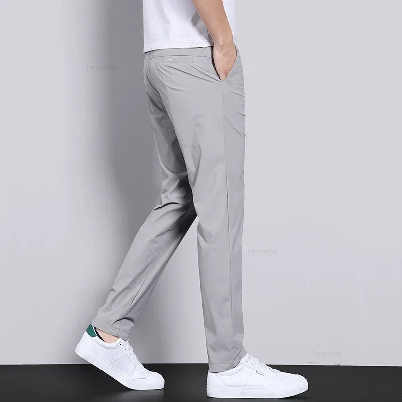 Ultra-thin Elastic Men's Casual Trousers Ice Silk Slim Straight Solid Colour Trousers Black Gary