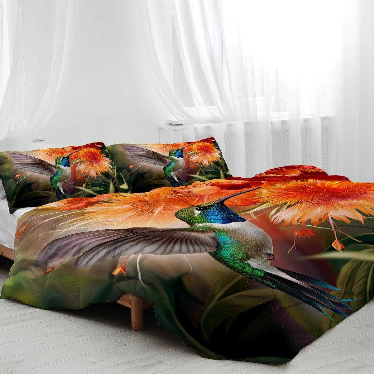 3pc Hummingbird Orange Flower Bud Pattern Duvet Cover Set Soft Bedding Cover Set Comforter Cover and Matching Pillowcases