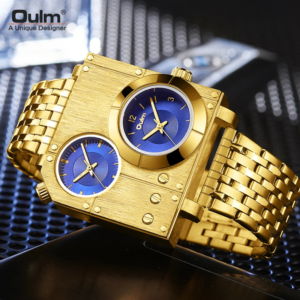 Unique Designer Luxury Brand Men's Watches Stainless Steel Big Dial Quartz Watch Two Time Zone