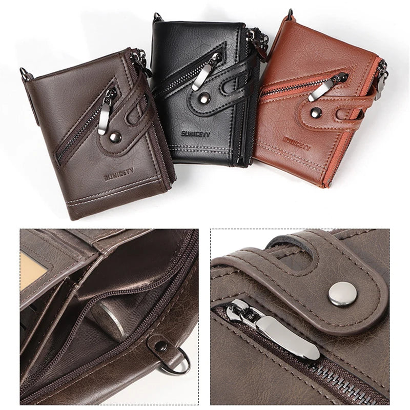 Wallet Men Metal Chain Anti Theft PU Leather Bifold Zipper Wallet Credit Card Storage Bag