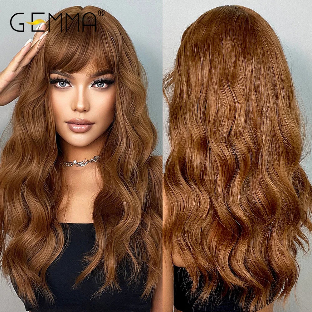 Ombre Brown Blonde Long Straight Synthetic Wigs with Bangs Cosplay Wig for Women High Temperature Natural Fake Hair