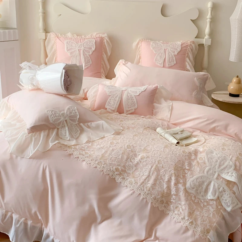 Princess Bedding Set Coquette Lace Bow Beauty Solid Colour Comforter Sets Luxury  Duvet Cover