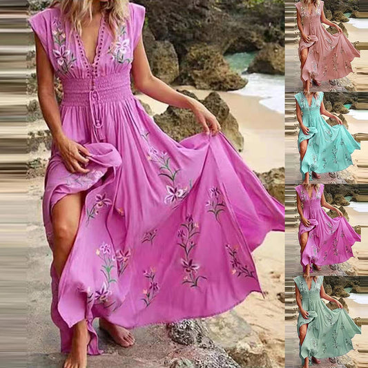 Bohemian French Sexy V-neck Dress Women Print Flying Sleeve Midi Dress Elegant Casual Short Sleeve Holiday Beach Style Dresses - Hiron Store