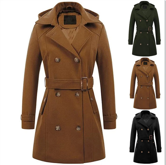 Female Hooded Woman Jackets Mid-length Double-breasted Ladies Overcoats Woollen Winter Jacket Streetwear