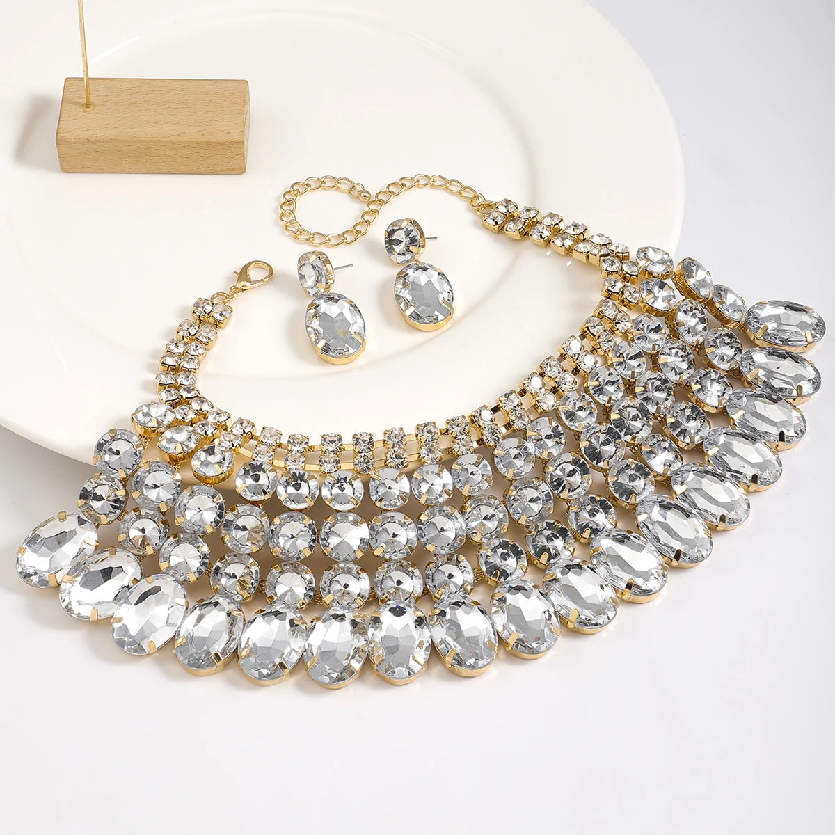 Style Full of Rhinestone Necklace Earrings Set For Multiple Color Options