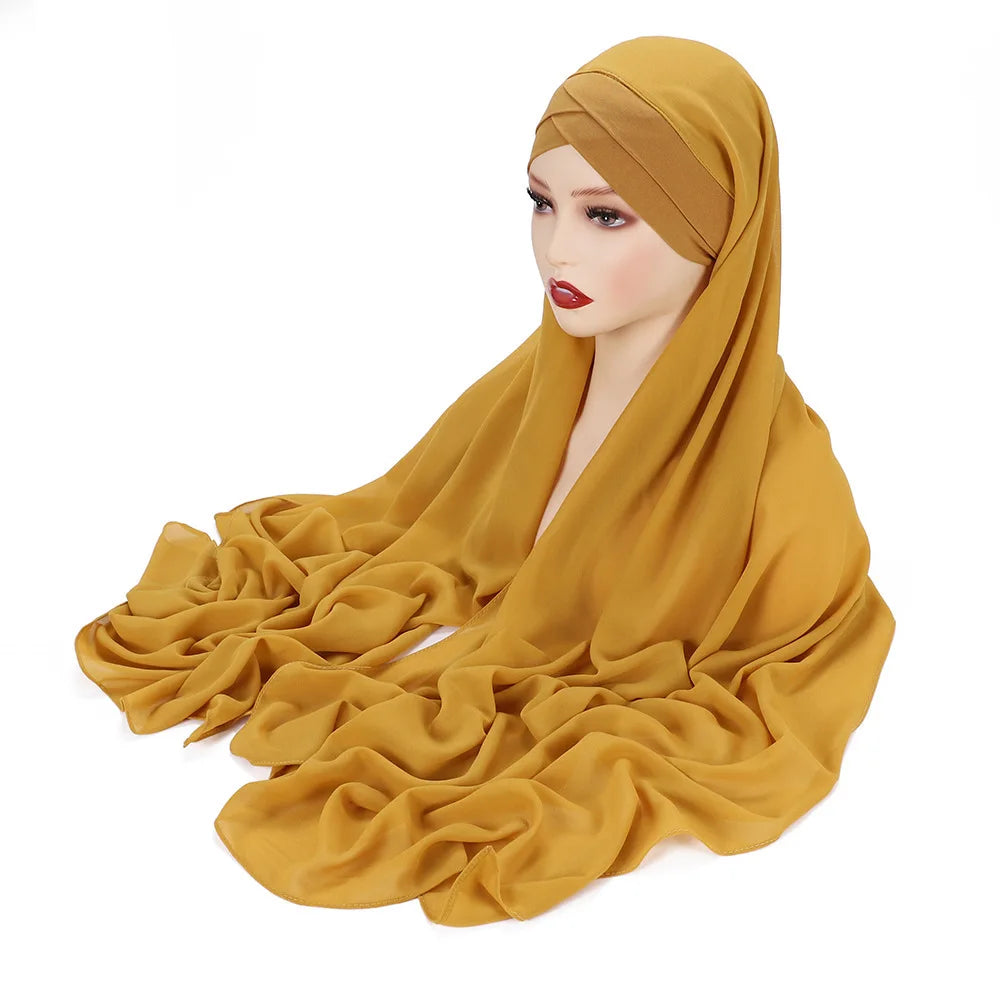 Instant Hijabs Chiffon Hijab Scarf With Cross Bonnet Brand Design Women Islamic Underscarf