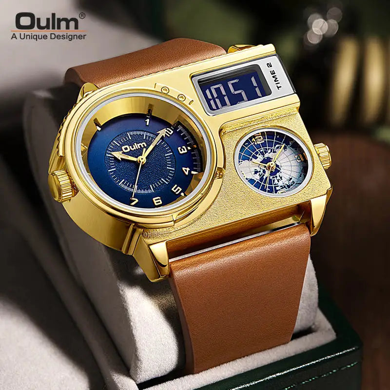 Dual Display Two Time Zone Quartz Clock Male Big Wristwatch Men's Genuine Leather Watches