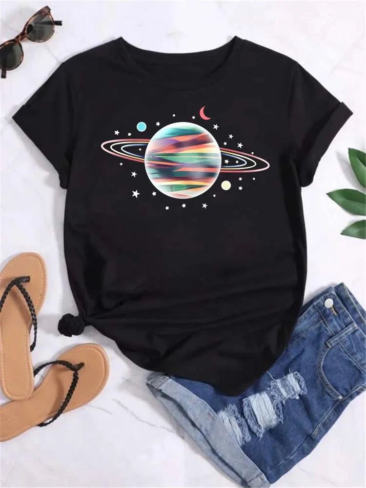 Women Moon Planet Print Round Neck Short Sleeve Streetwear Female T-Shirt  Tops