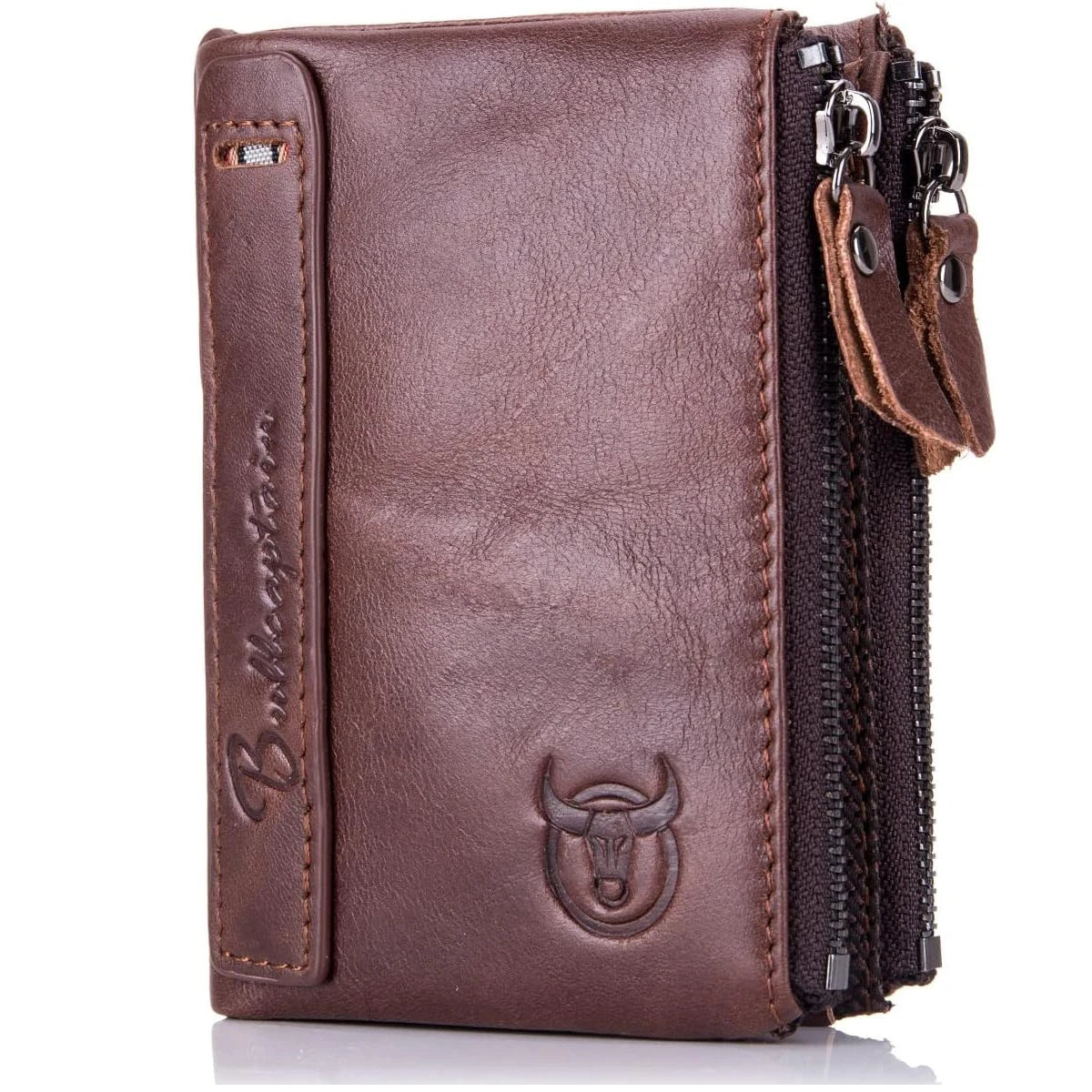 BULLCAPTAIN Genuine Leather Wallet for Men Vintage Bifold with Double Zipper Pockets