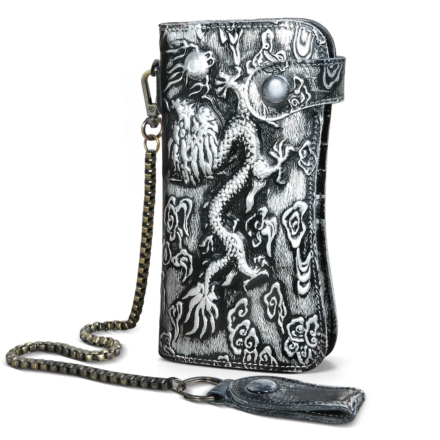 Luxury Male Cattle Real Leather Design Dragon Emboss Check book Iron Chain Organizer Wallet Purse