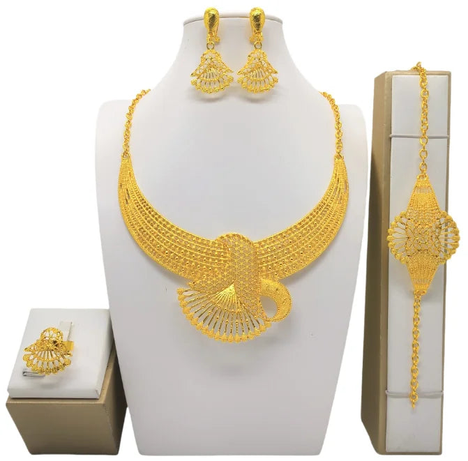 Dubai Jewelry Set For Women Necklace Earrings Indian Thailand Two Piece Set Gold Color