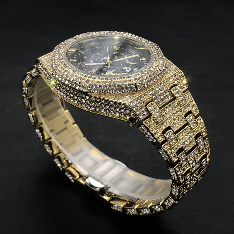 Automatic Watch Luxury Full Ice Out  Hip Hop Tourbillon Watches Bling Diamond Gold Clock