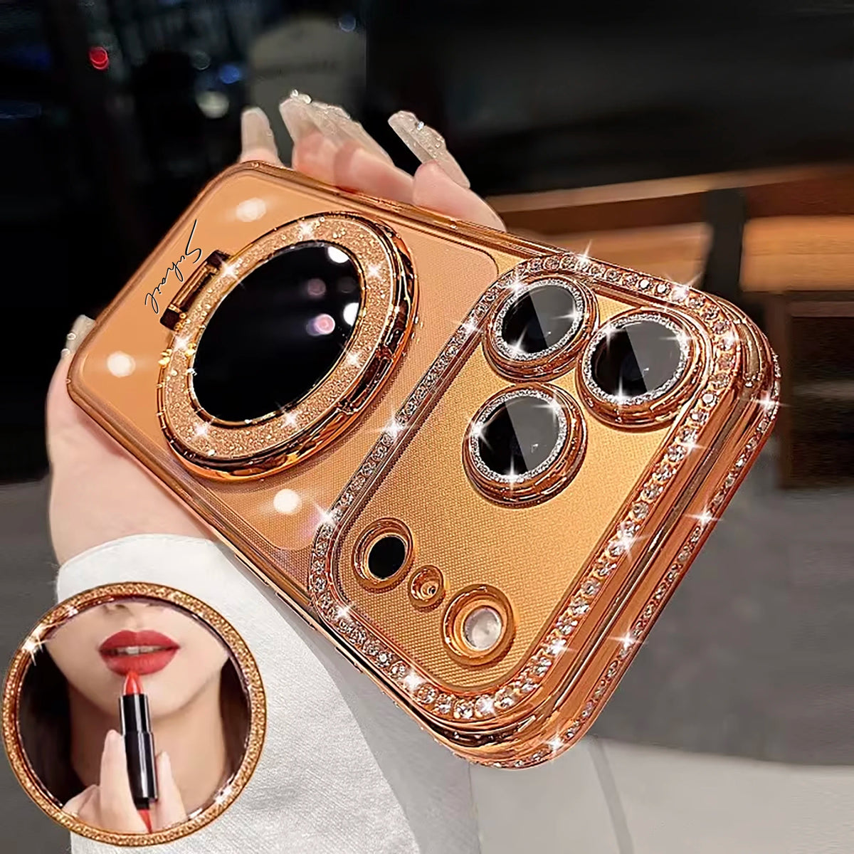 Customize Rhinestone Glitter  Bracket Makeup Mirror, iPhone Phone Case ,Anti Fall For iPhone 11 12 13 14 15 16 17Air 18Pro Max