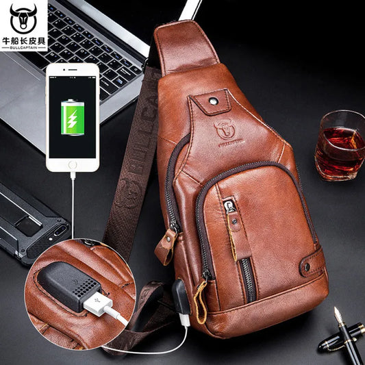 2023 new 100% cowhide Leather Casual Fashion Crossbody Chest Bag men's leather bag USB Charging Travel Shoulder Bag Daypack Male - Hiron Store
