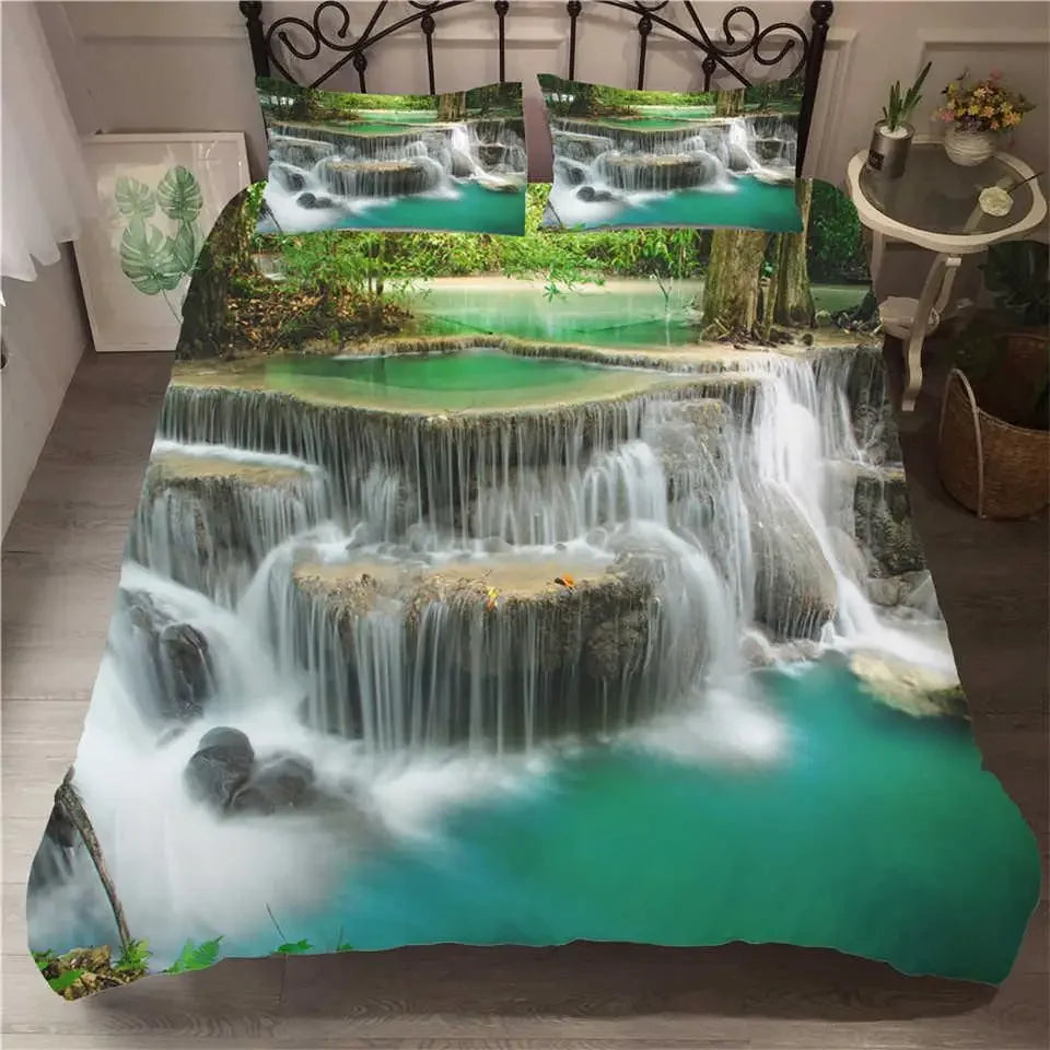 Waterfall Duvet Cover Set Natural Scenery Quilt Cover Pillowcase Landscape Forest Queen Size Polyester Bedding Set