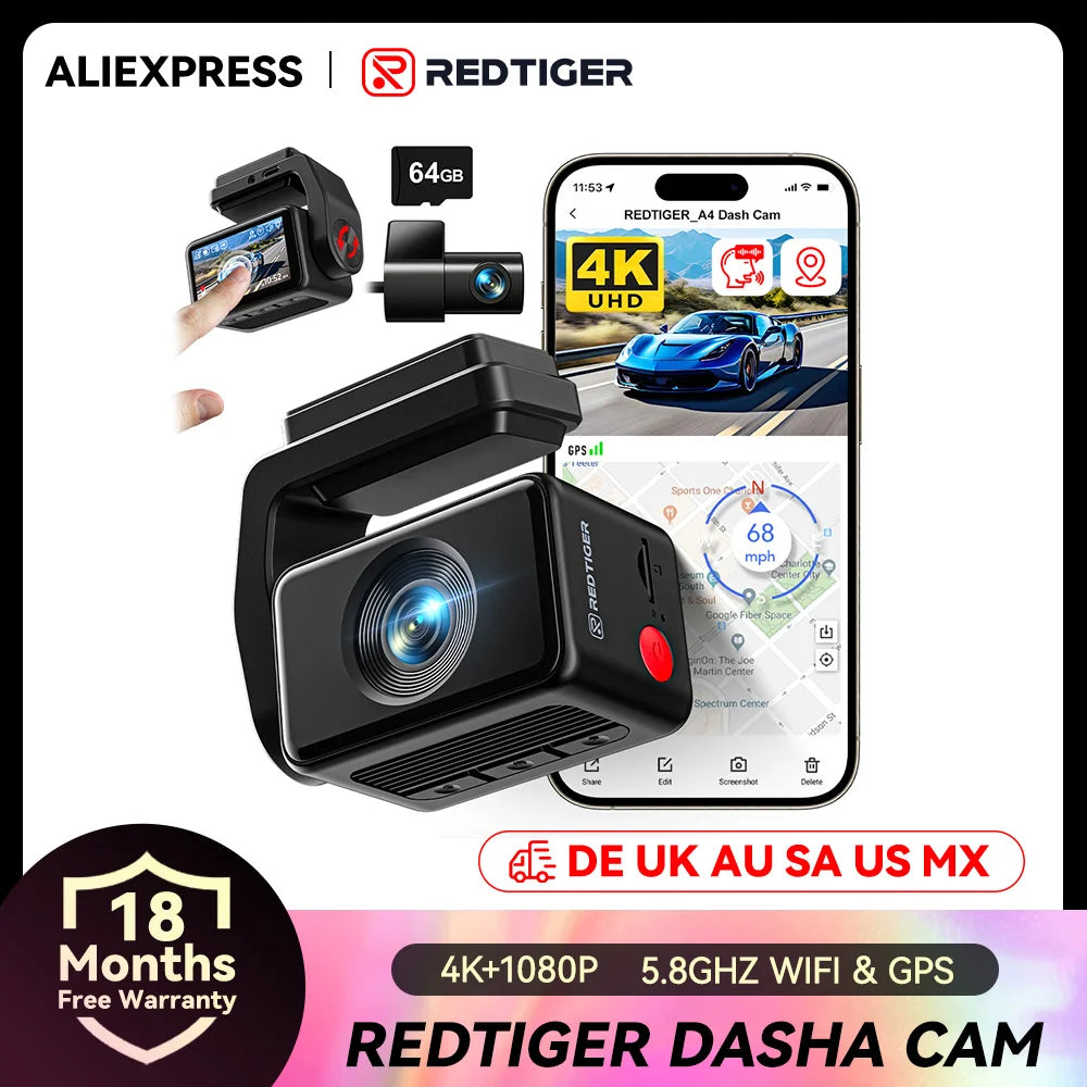 REDTIGER A4 Dash Camera Front and Rear 4k Dash Cam  Drive Recorder for WiFi GPS Car Dvr for 24H Parking