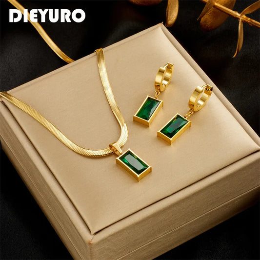 DIEYURO 316L Stainless Steel Square Green Crystal Zircon Necklace Earrings For Women Girl New Fashion Non-fading Jewelry Set - Hiron Store