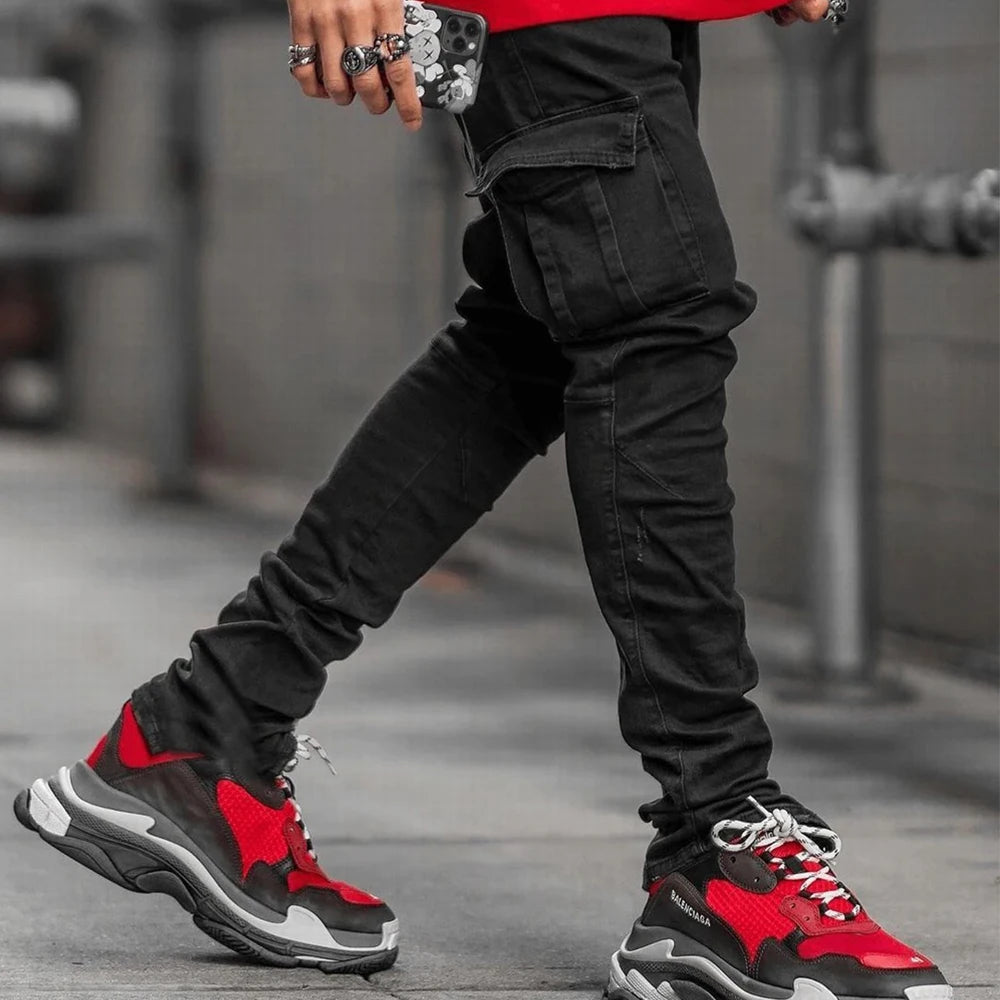 Street Elastic Jeans Men Denim Cargo Pants Multi Pockets Trousers