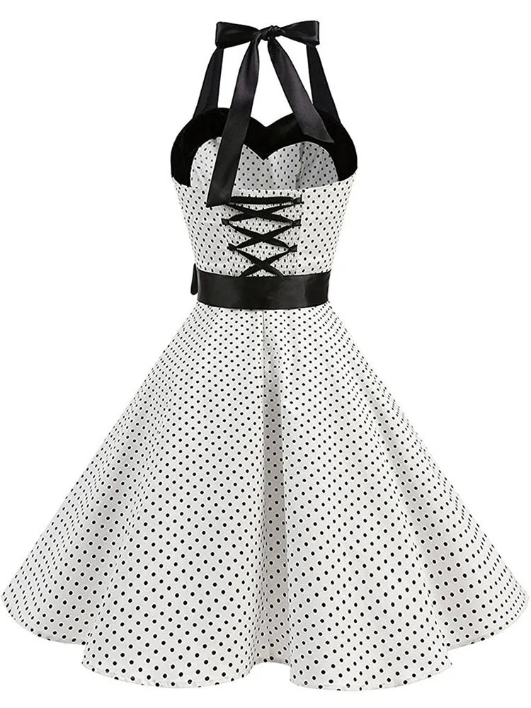 Women Polka Dot Print Summer Dress Sexy Retro White Halter Vintage Dress