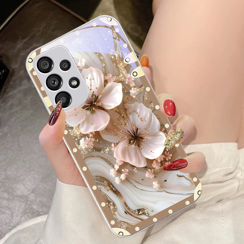 Box Pink Flowers For Samsung Galaxy S10 4G S20 11E 30 S21 22 S24 Fe Pro S23 S25 Ultra 5G S9 Tempered Glass Phone Case