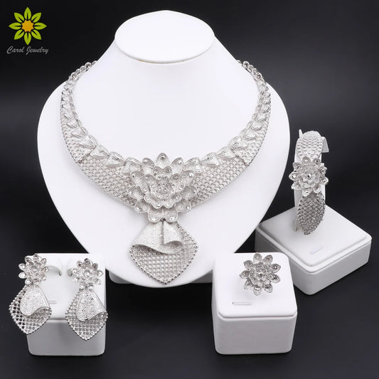 Silver Plated Jewelry Flower Shaped Women Necklace Earrings Bracelet Ring  Indian Bridal Jewelry Set