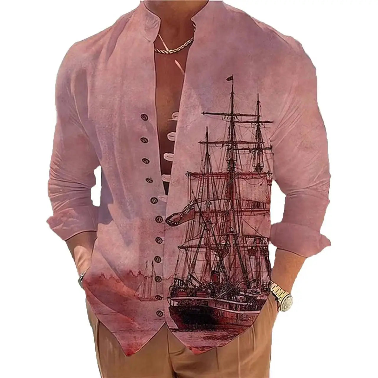 Spring Autumn Sailboat printin Hot Sale Men's Long-Sleeved Shirts Solid Color Stand-Up Collar  Casual Style Plus Size Shirts New - Hiron Store