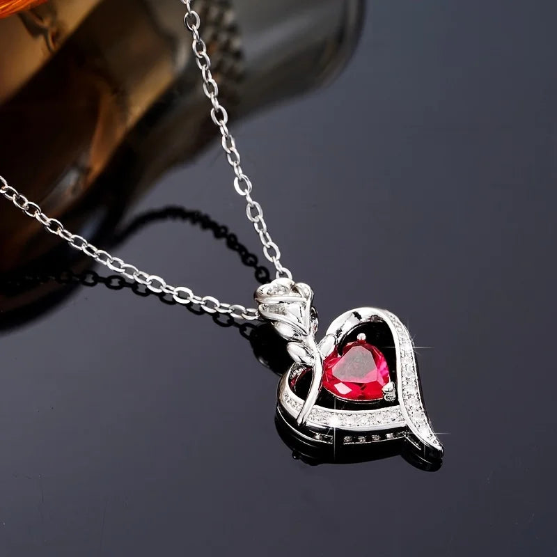 Luxury Red Zircon Heart Necklace With Rose Gift Box For Girlfriend Birthday Christmas Valentine Gift 2023 Romantic Accessories - Hiron Store