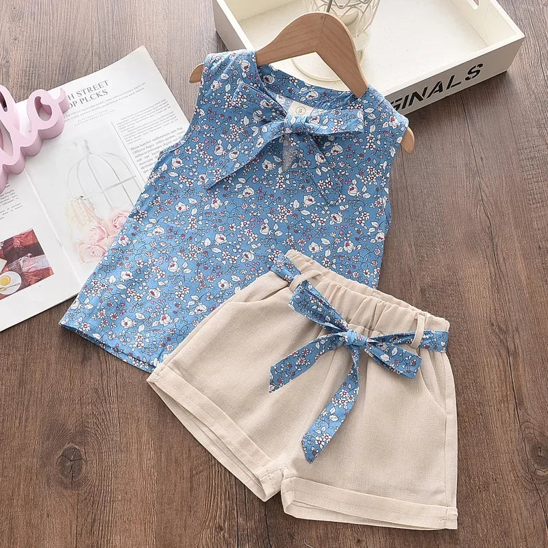 Summer Kids Clothes Floral Chiffon Halter+Embroidered Shorts Straw Children Clothing