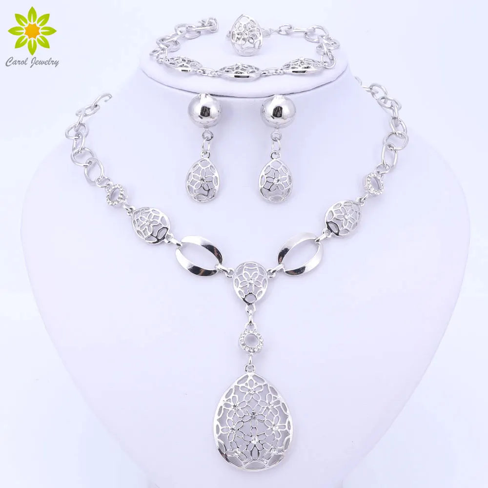 Silver Color African Bridal Costume Jewelry Sets Crystal Necklace Earrings Set