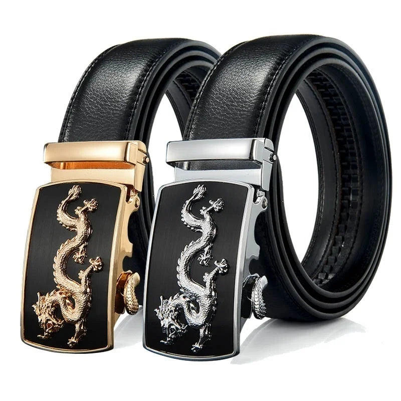 Men Automatic Buckle Dragon Leather Belts for Men Luxury Black Strap Waistband