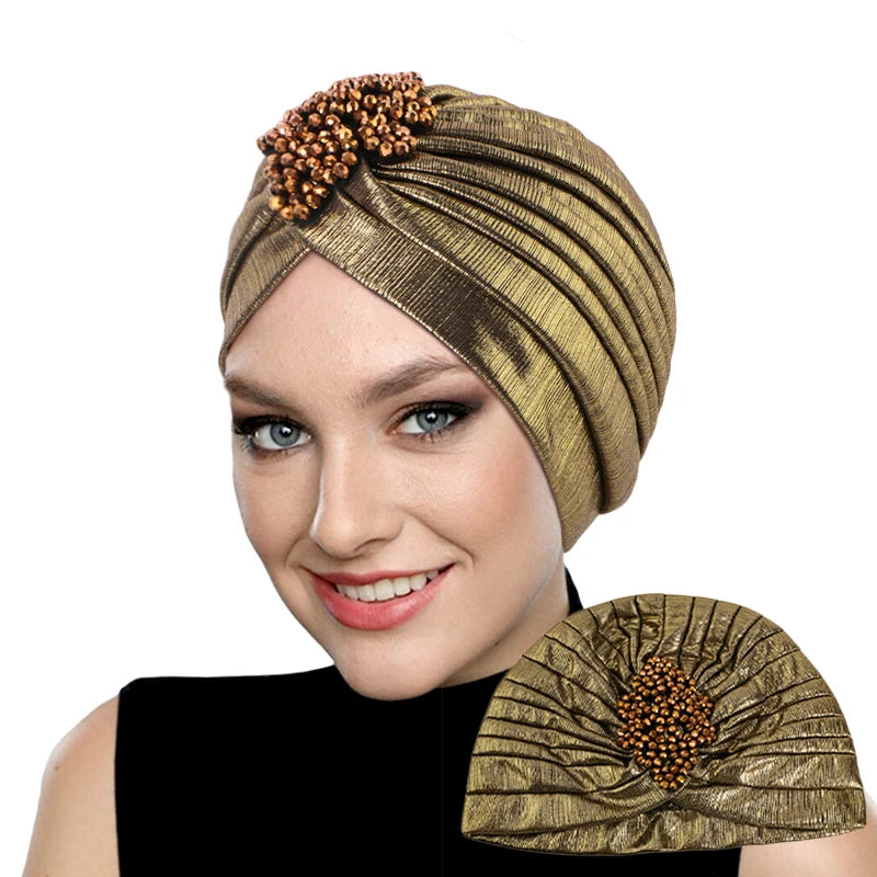 New Women's Luxury Diamond Turban Cap, Elastic Bandana Beanie, Chemo Cap, Muslim, Indian & African Hat Headwear