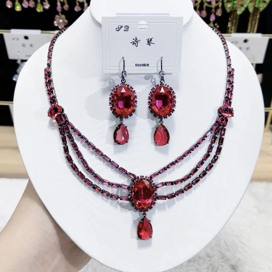 Women Colorful Fashion Zircon Necklace Earrings 2025