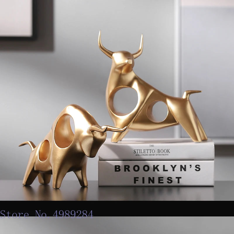 Creative Resin Animal Sculpture Abstract Simulation Cattle Bull Statue Golden Hollow Modern Home Decoration