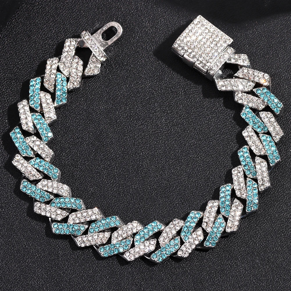 Punk Hip-hop 14MM Cuban Chain Bracelet For Women Men Bling AAA 2 Row Rhinestone Prong Cuban Bracelets Couple Gifts Jewellery