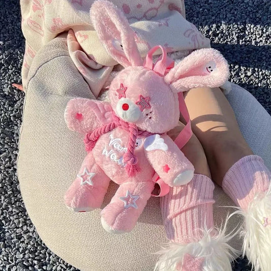 Women's Backpack Pink Plush Bunny Sweet Doll  Student Casual Cartoon Ladies Bag