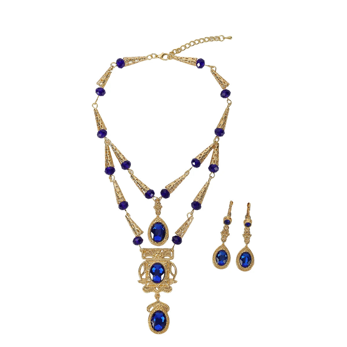Moroccan Wedding Dress Jewelry Handmade Red Blue Gemstone Necklace Earrings Gold-Plated Kaftan Bridal Accessories - Hiron Store