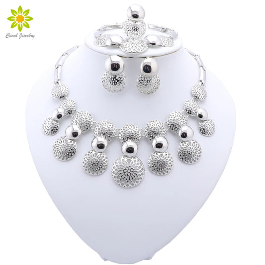 Fine Jewelry Sets Silver Color Hollow Out Alloy Necklace Earrings Bracelet Ring Set Classic African Costume Bridal Jewelry Set - Hiron Store