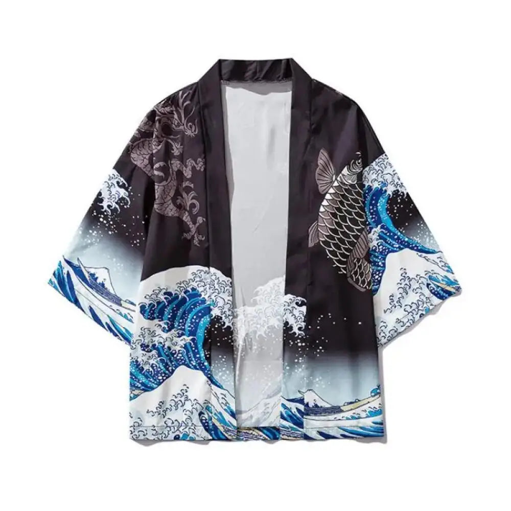 Men's Summer Green Wave Carp Pattern Kimono Cardigan Women's Japanese Traditional Clothing Plus Size Printed Beach Coat - Hiron Store