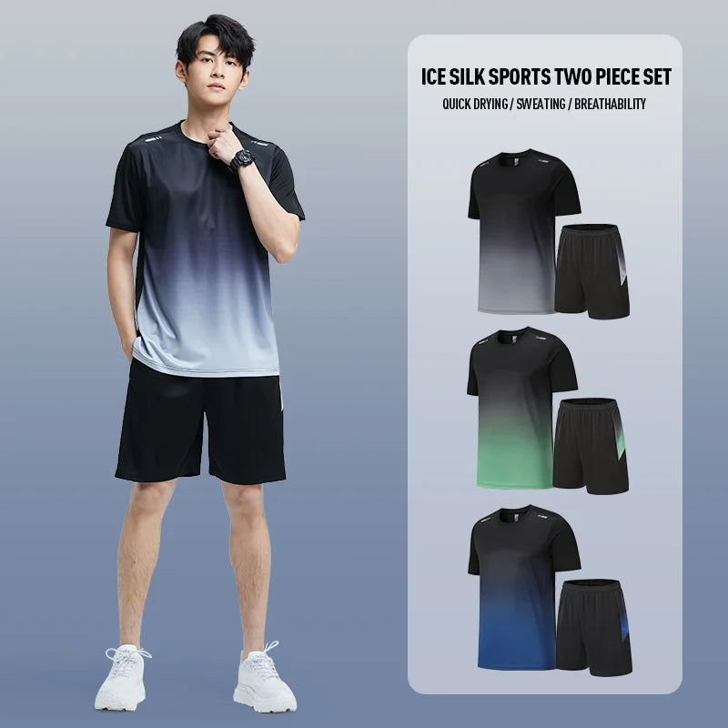 Fitness Clothes Men'S Ice Silk Quick-Dry Sportswear Set Summer Short-Sleeved T-Shirt Morning Running Basketball Training Room Sh - Hiron Store